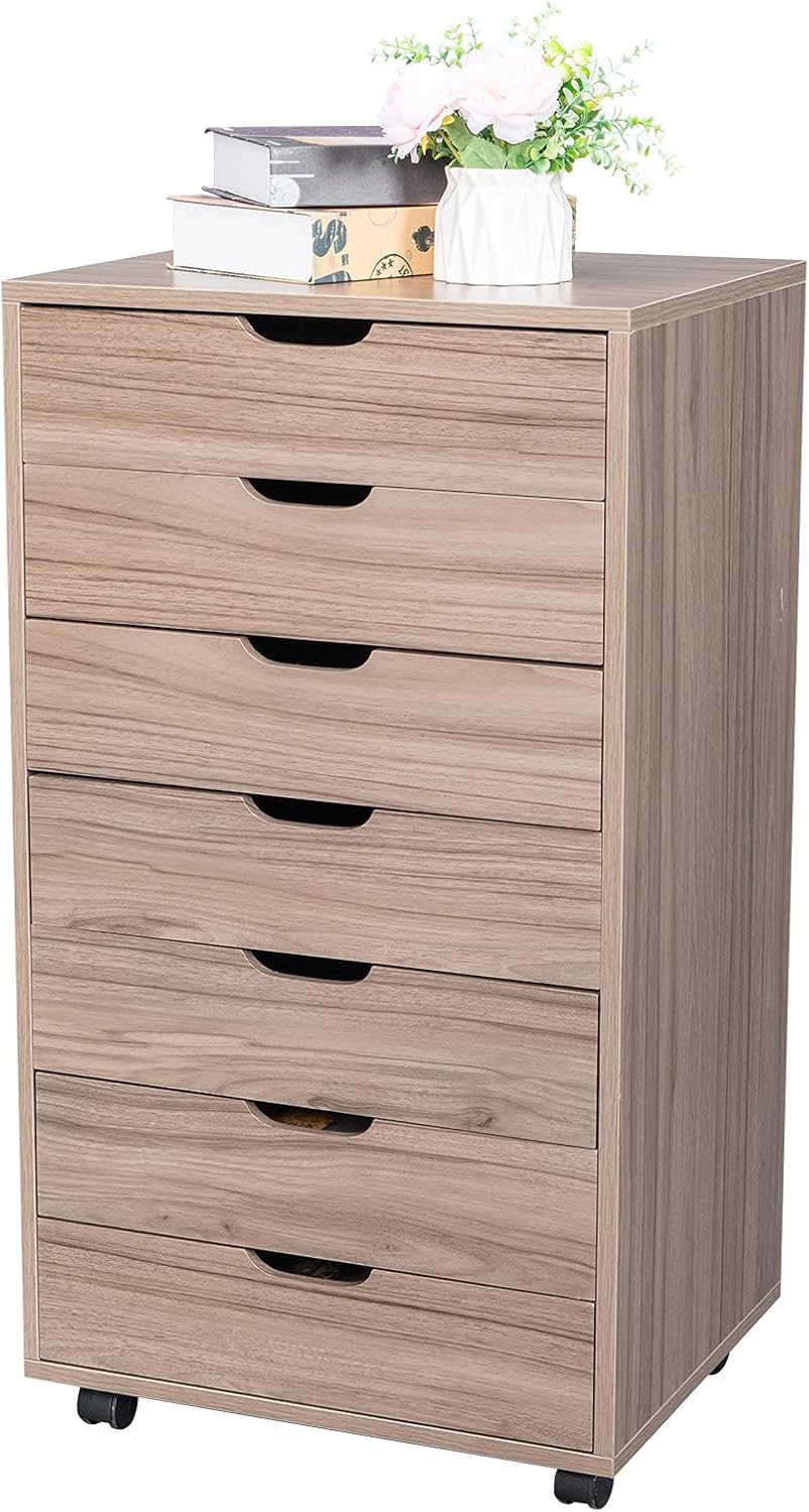 White 7 Drawer Wooden Chest Dresser with Wheels P687