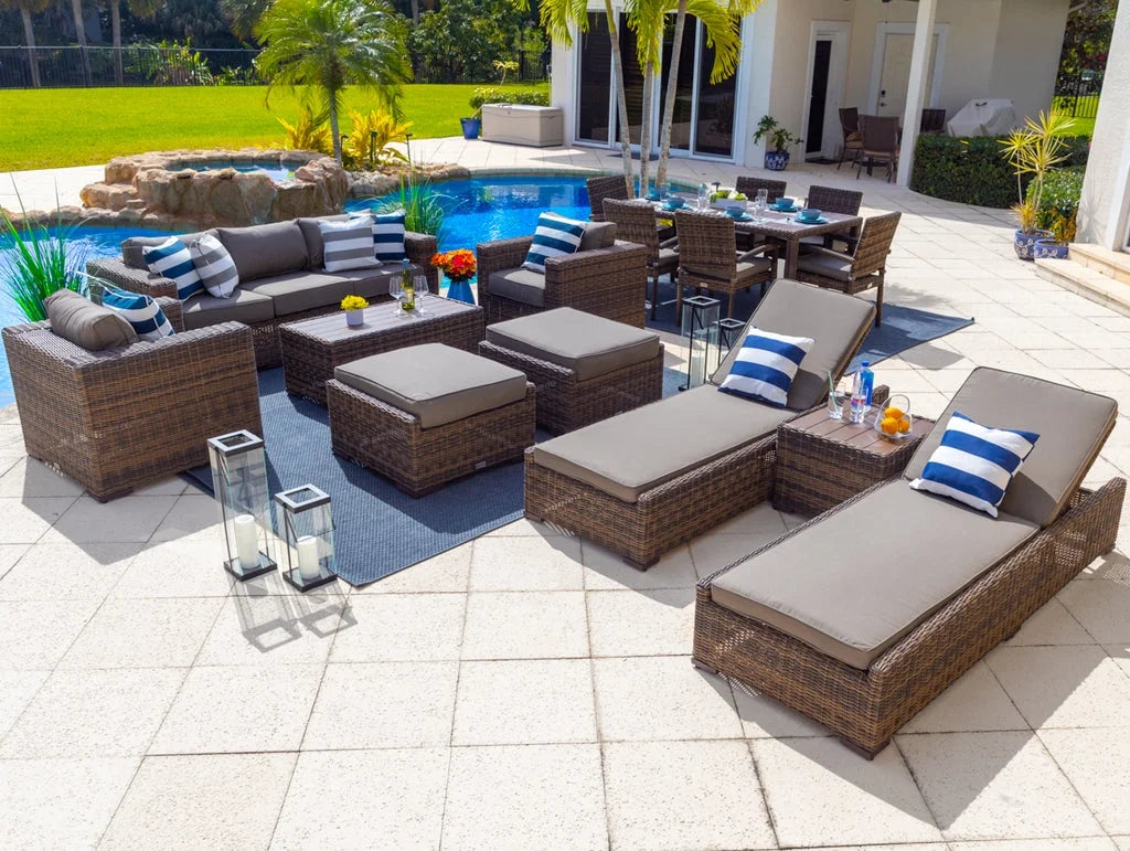 16-Piece Resin Wicker Outdoor Furniture Set with Sofa, Dining Set, and Chaise Lounge V683