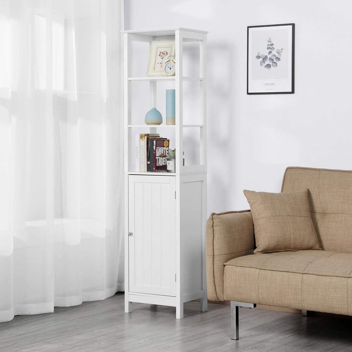 Tall Bathroom Storage Cabinet with 3 Tier Shelf and Door W55335