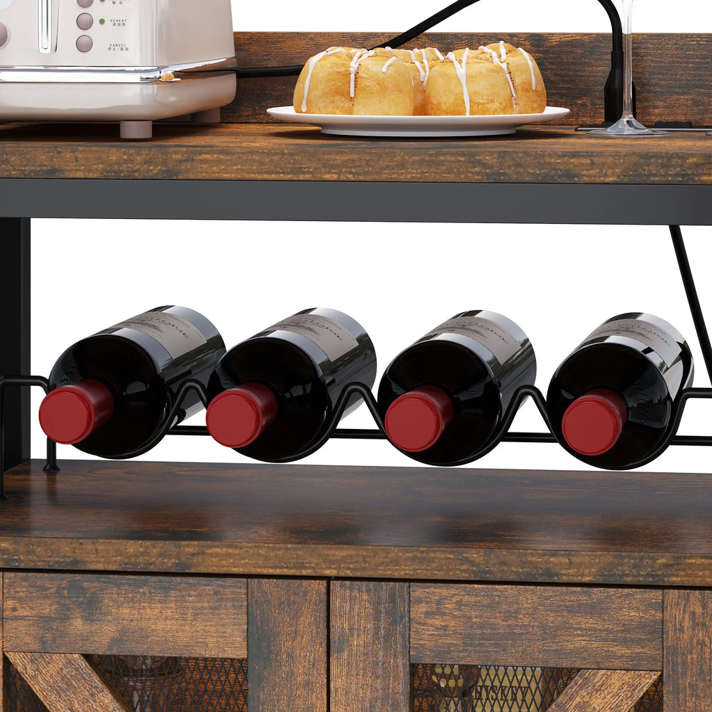 Rustic Brown Wine Bar Cabinet with Power Outlet and LED Lights P450