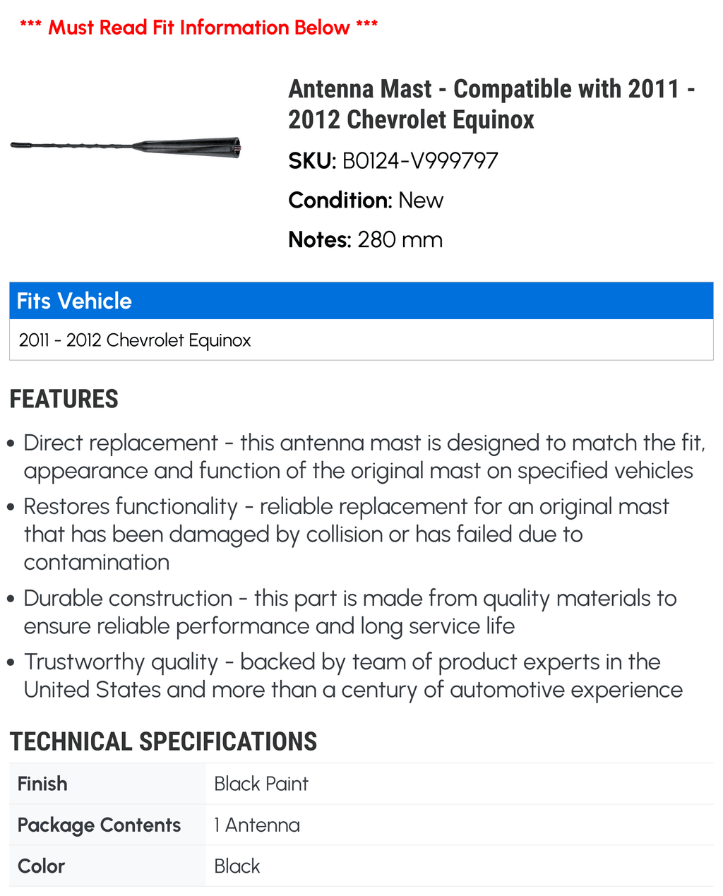 Antenna Mast for Chevy Equinox D30416