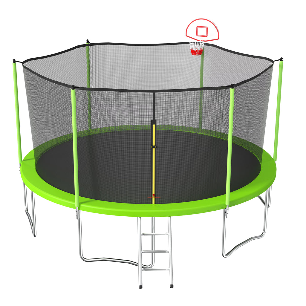 Green 15FT Round Trampoline with Enclosure & Hoop Z81019