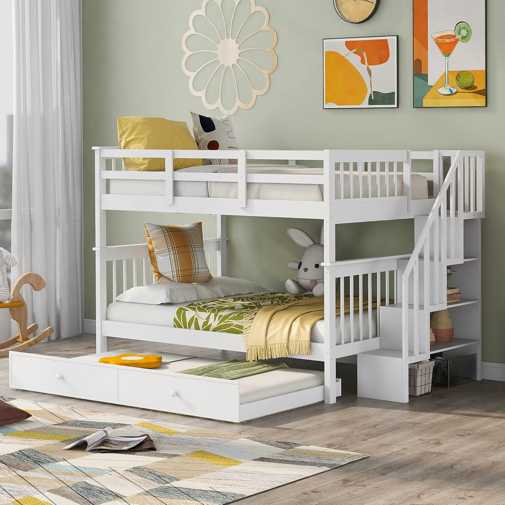 Twin Over Full Bunk Bed with 4 Storage and Staircase L8560