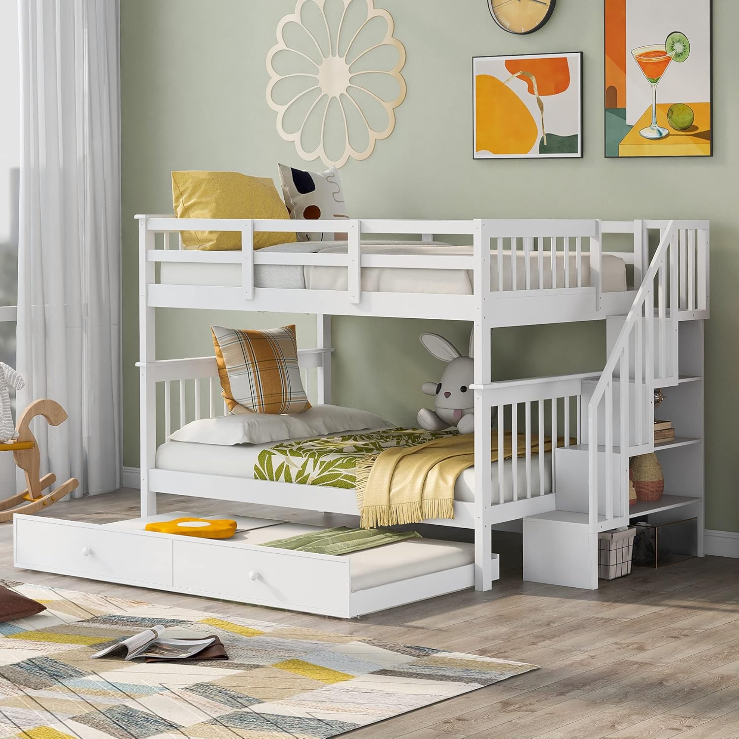 Twin Over Full Bunk Bed with 4 Storage and Staircase L8560