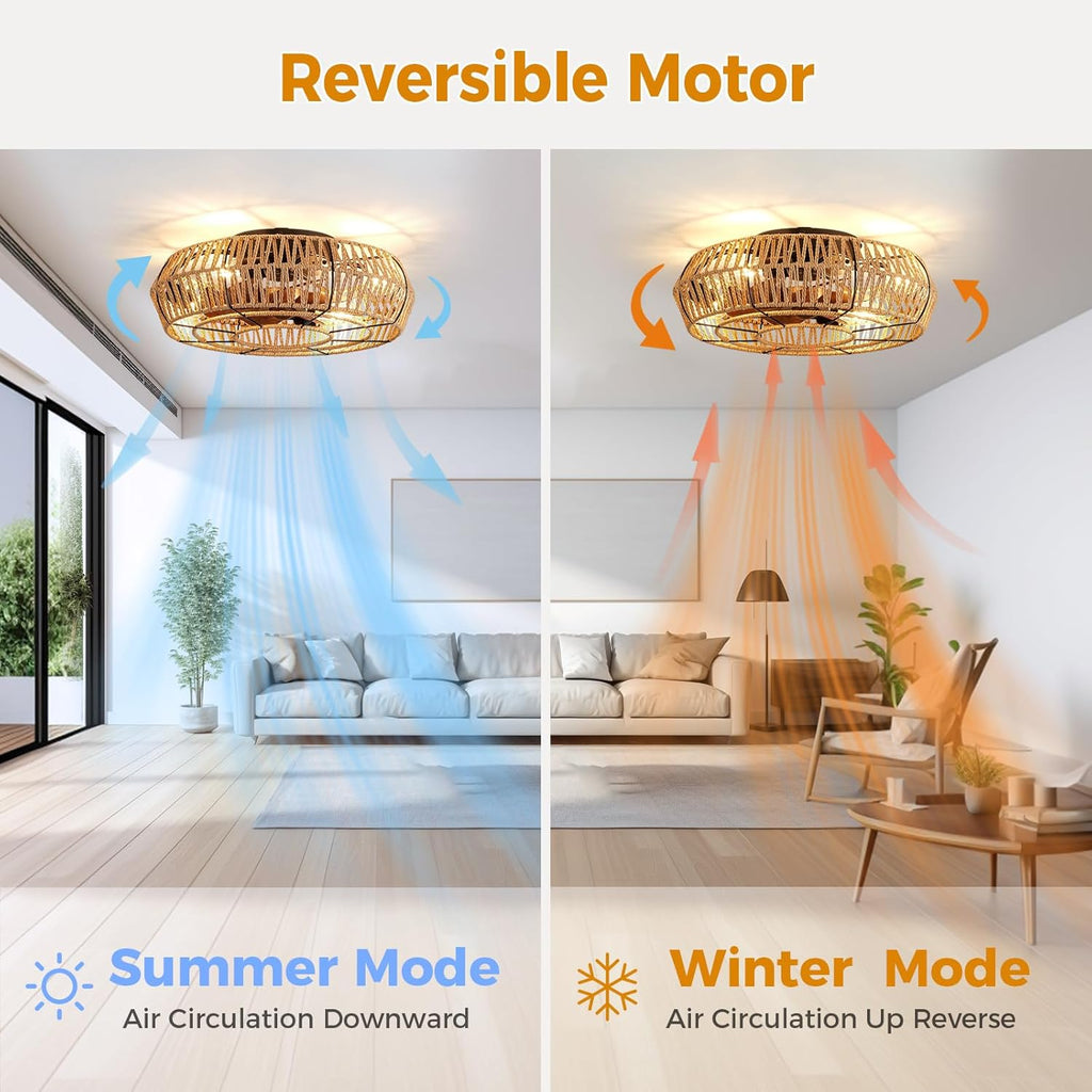 20 Inch Flush Mount Rattan Ceiling Fan with Light and Remote L351288