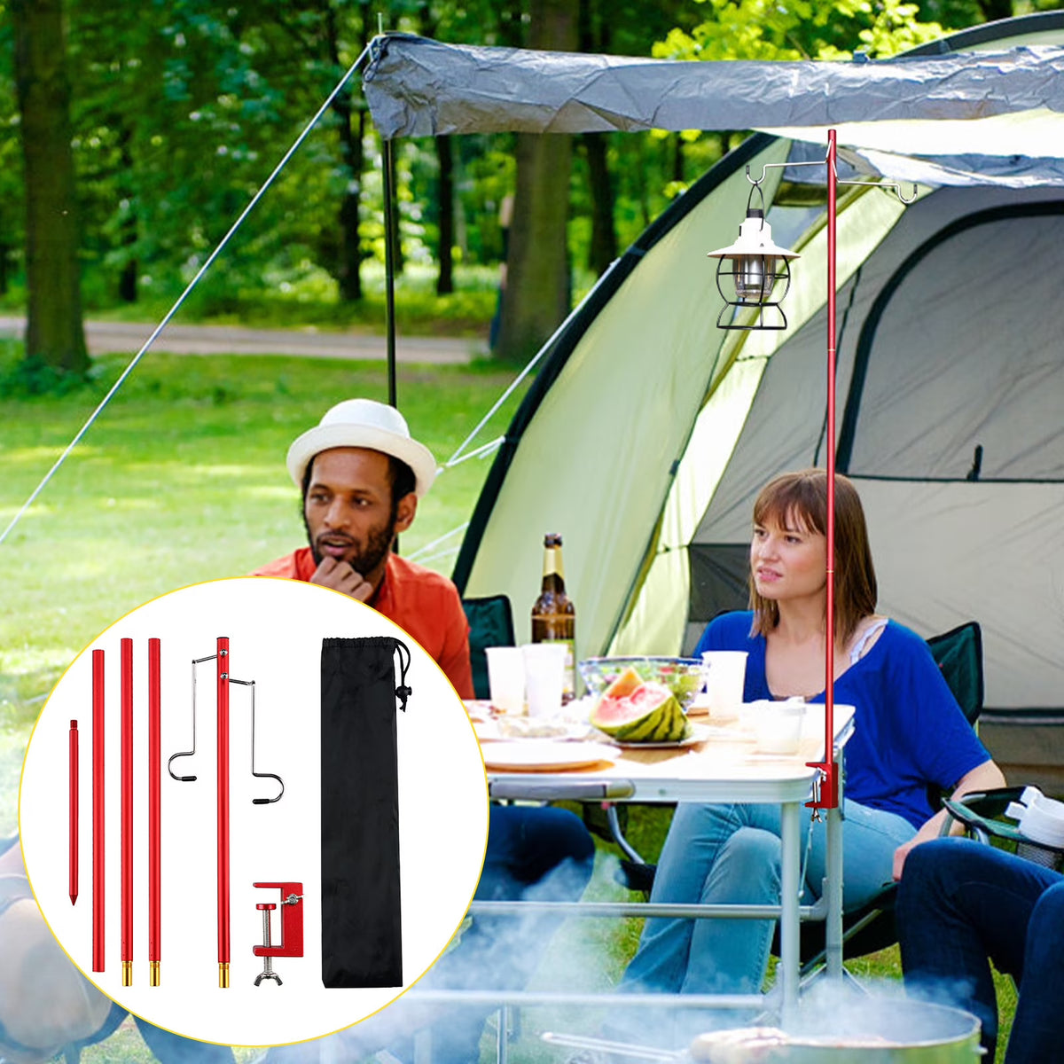 Portable Collapsible Lantern Pole with Stake, Aluminum Foldable Lightweight Stand L5912