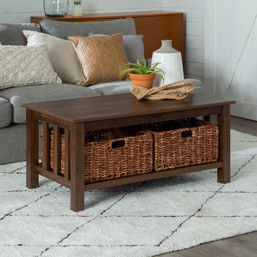 Dark Walnut Coffee Table with Woven Baskets I566