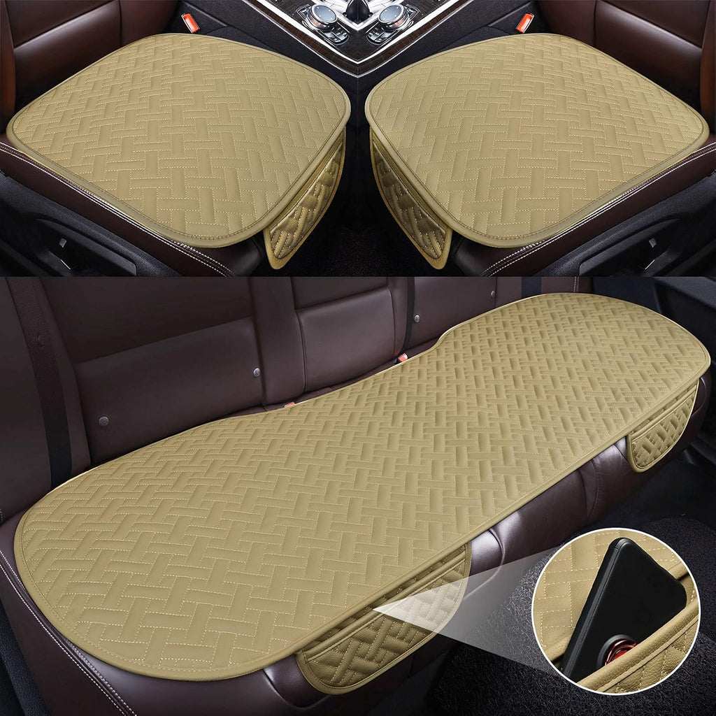 Beige Pack of 2 Leather Car Seat Bottom Covers with Pocket J25615