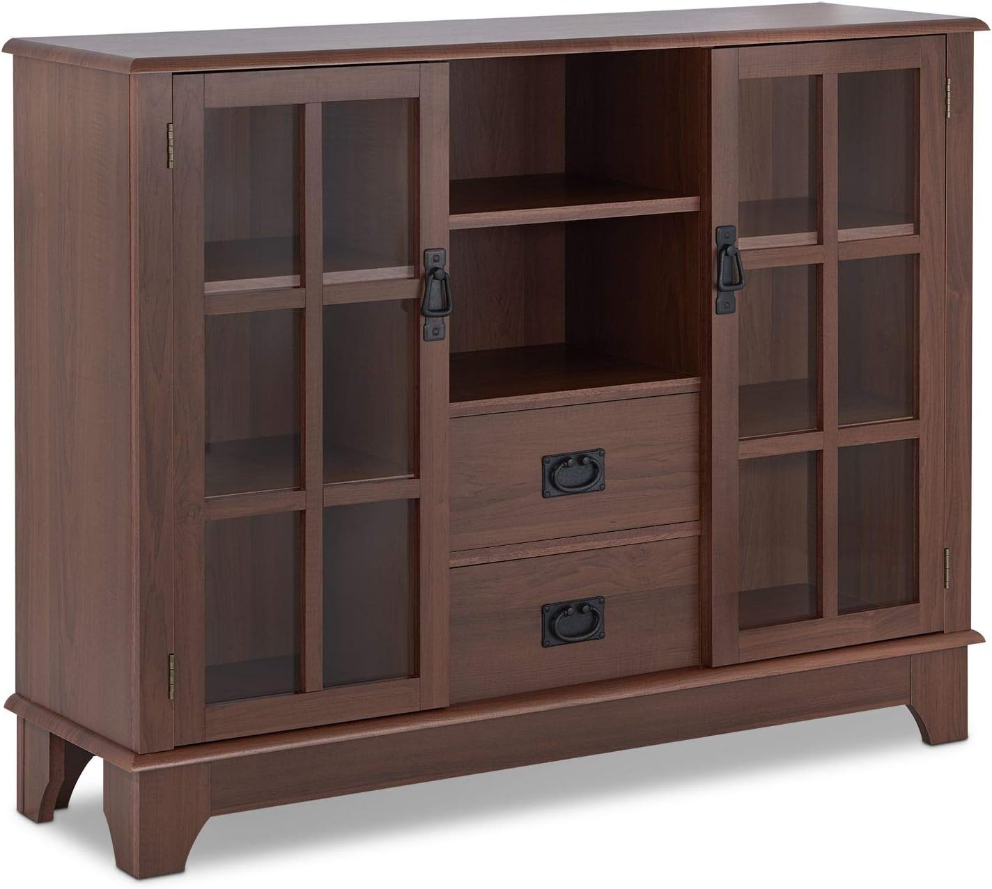Contemporary Console Table Buffet Sideboard Storage Cabinet with 2-Drawer, 2 Open Compartments & 2 Glass Doors, 42 L x 12 W x 32 H (Espresso) P39137