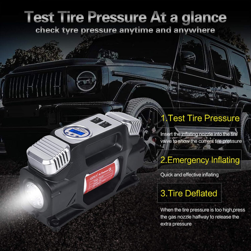 Portable Digital Tire Inflator, Dual Cylinders 12V Air Compressor Pump 150PSI with LED Light and Tire Repair Kit M1695