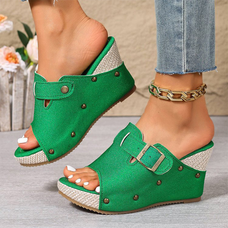 Retro studded wedge peep-toe sandals