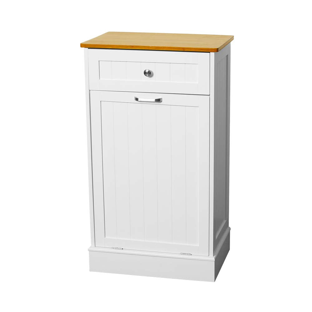 White Wooden Tilt Out Trash Cabinet with Hideaway Drawer and Removable Cutting Board Y290