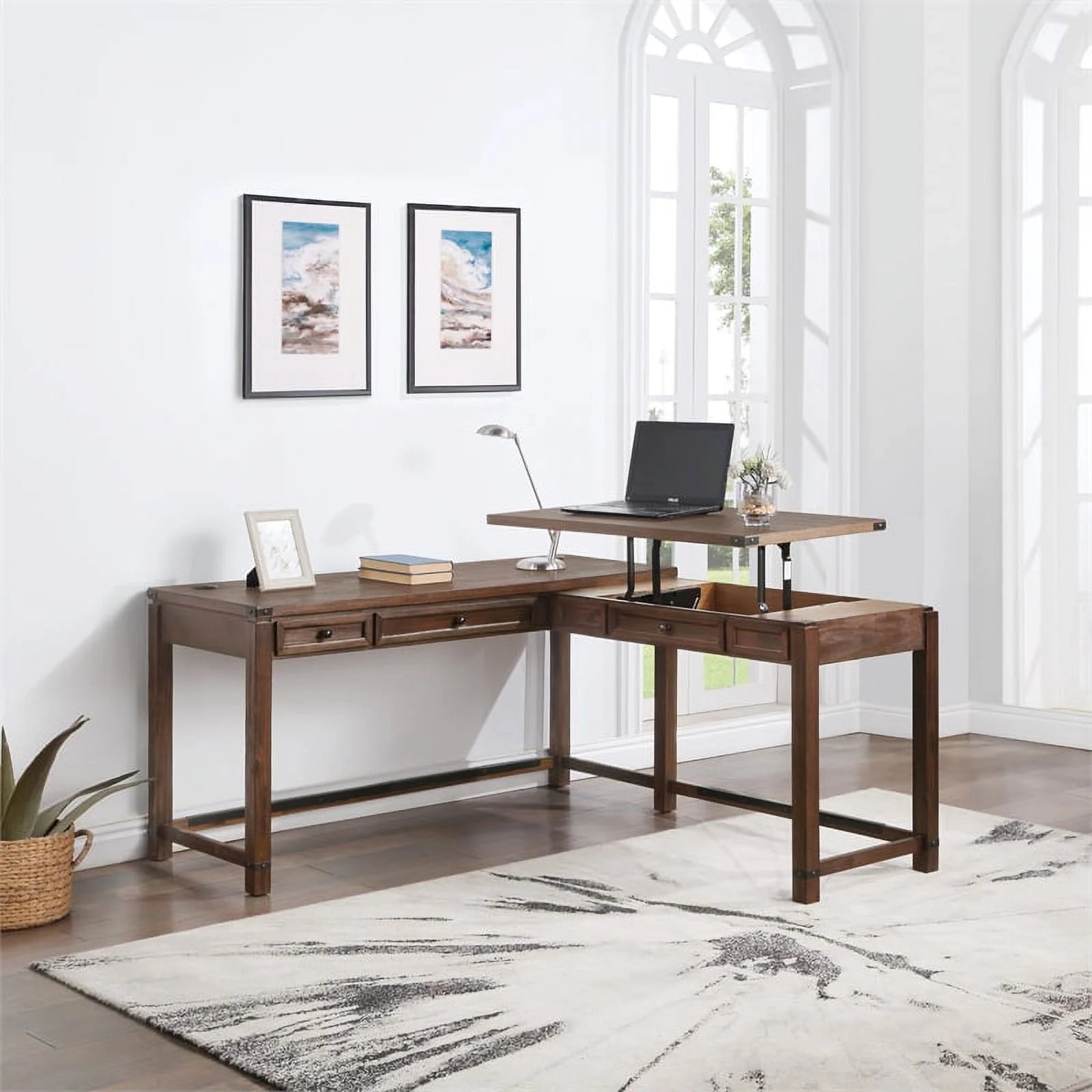 Brushed Walnut Engineered Wood Sit-to-Stand L-Desk O839