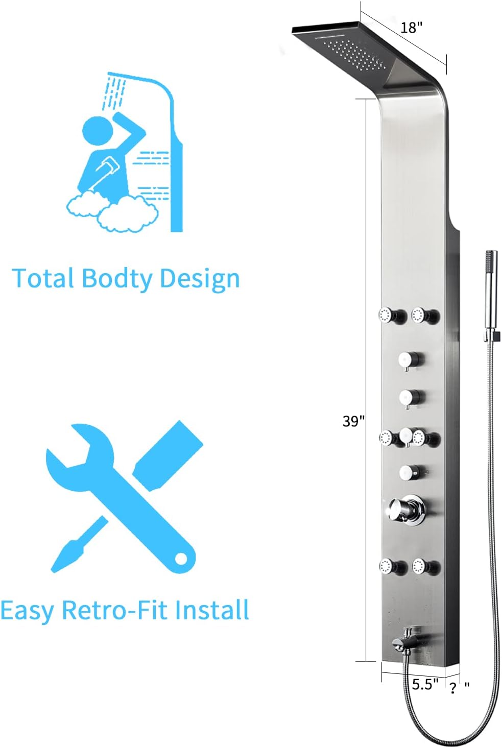 Real #304 Stainless Steel Wall Mount Shower Panel System O2444