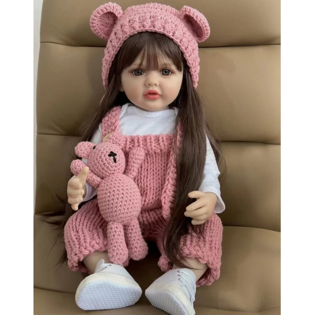 22 inch Soft Silicone Vinyl Reborn Baby Doll in Pink Knitted Clothes with Bear Toy D36535