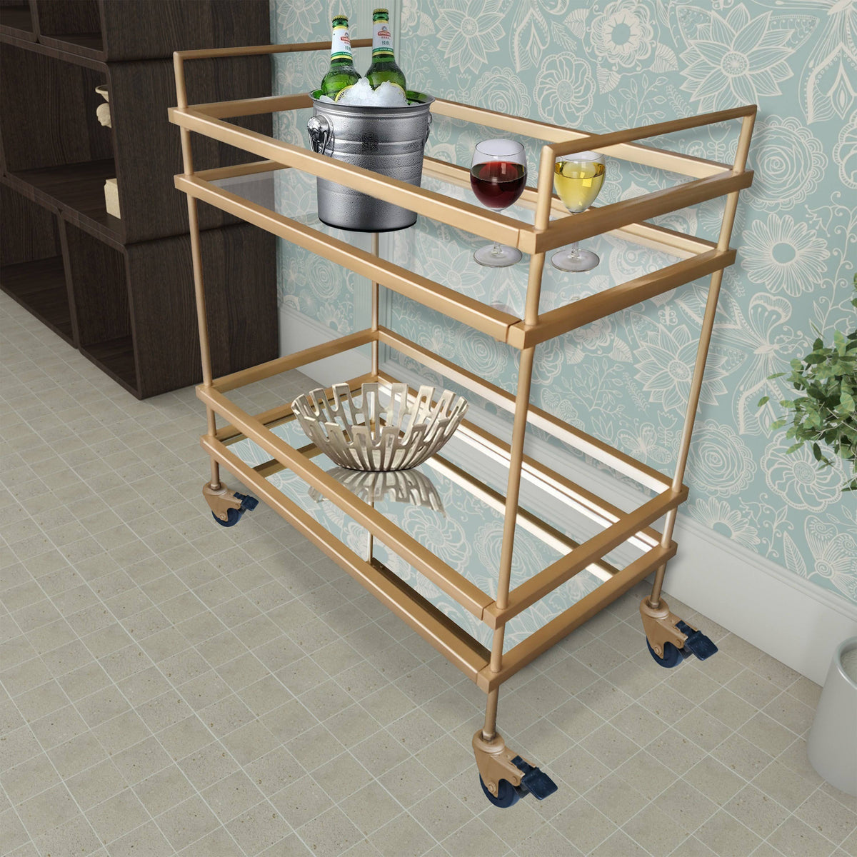 Gold Bar Cart with Two Glass Shelves I84629