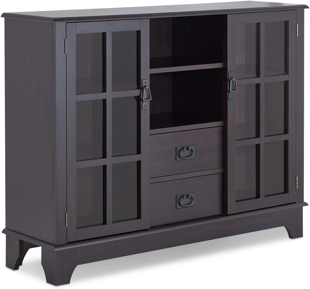 Contemporary Console Table Buffet Sideboard Storage Cabinet with 2-Drawer, 2 Open Compartments & 2 Glass Doors, 42 L x 12 W x 32 H (Espresso) P39137
