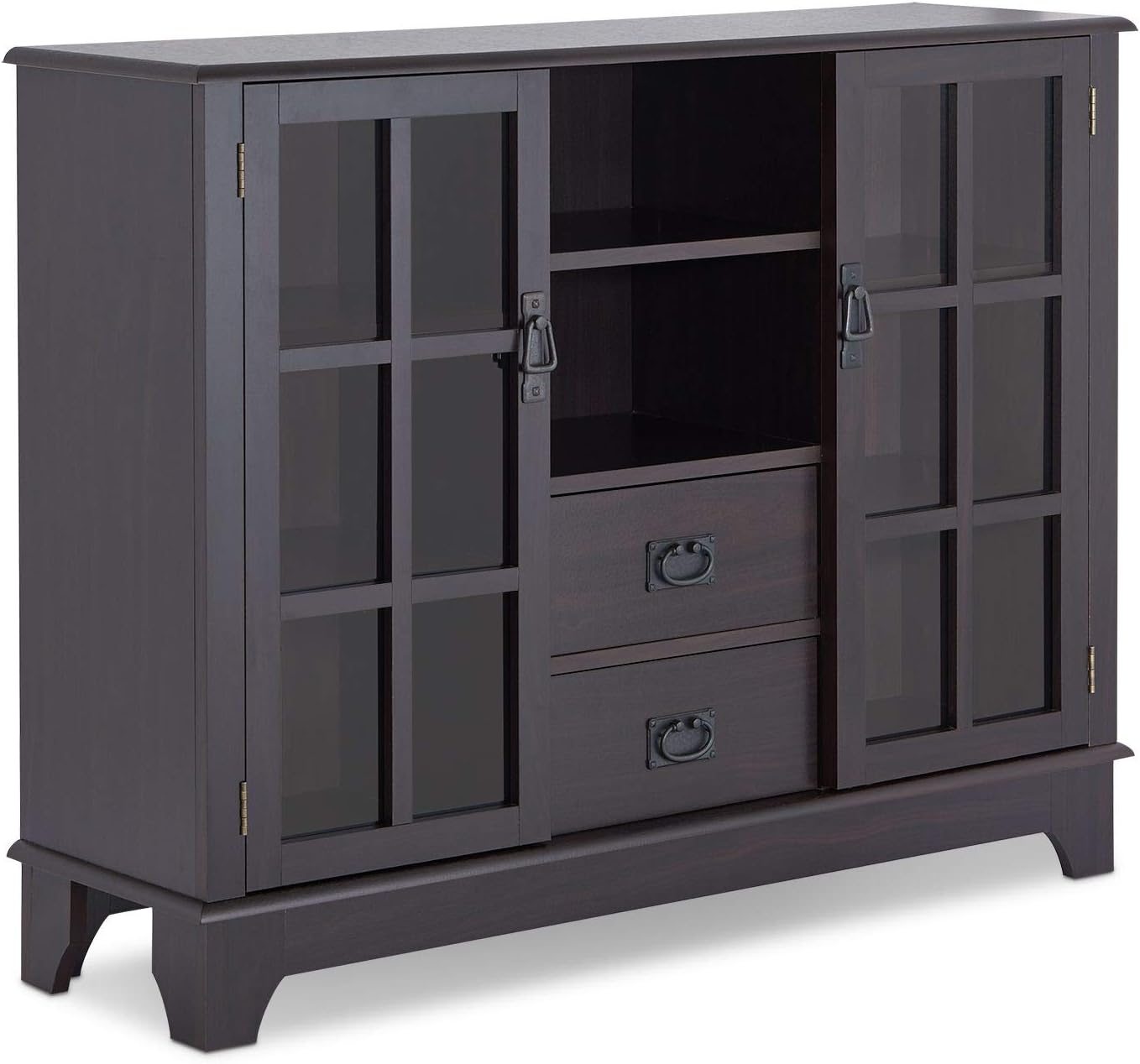 Contemporary Console Table Buffet Sideboard Storage Cabinet with 2-Drawer, 2 Open Compartments & 2 Glass Doors, 42 L x 12 W x 32 H (Espresso) P39137