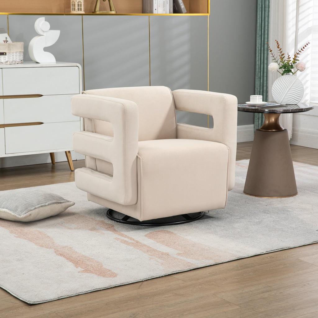 Beige Swivel Upholstered Tufted Velvet Accent Chair with Metal Stand V9861