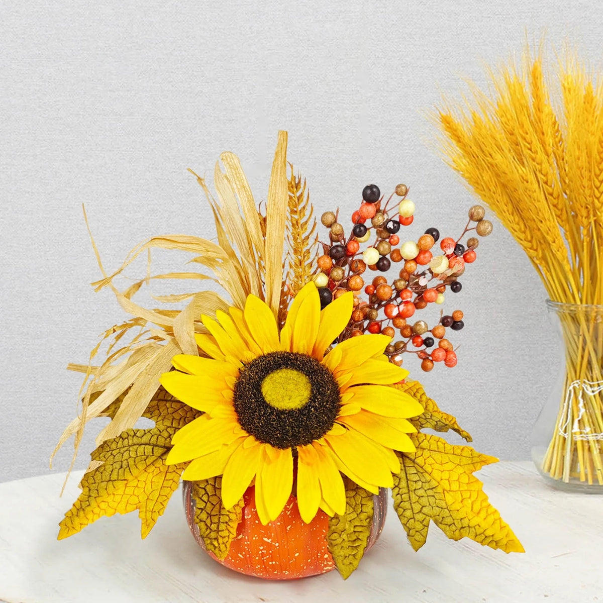 Artificial Fall Maple Flowers Silk Sunflowers Bouquets with Pumpkins Z55943