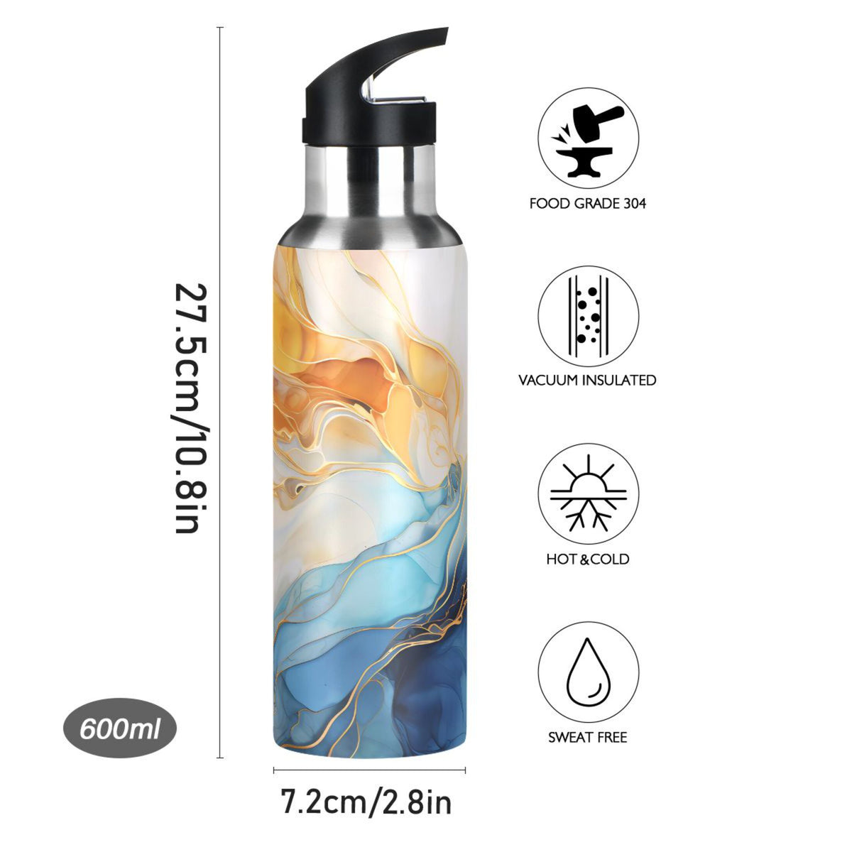 Yellow and Blue Marble Stainless Steel Insulated Water Bottle with Straw Lid X925712
