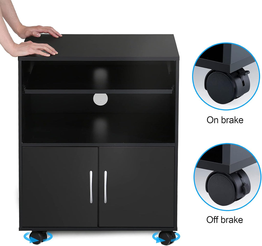 Black Mobile File Cabinet with Keyboard Tray and Doors on Wheels I783439