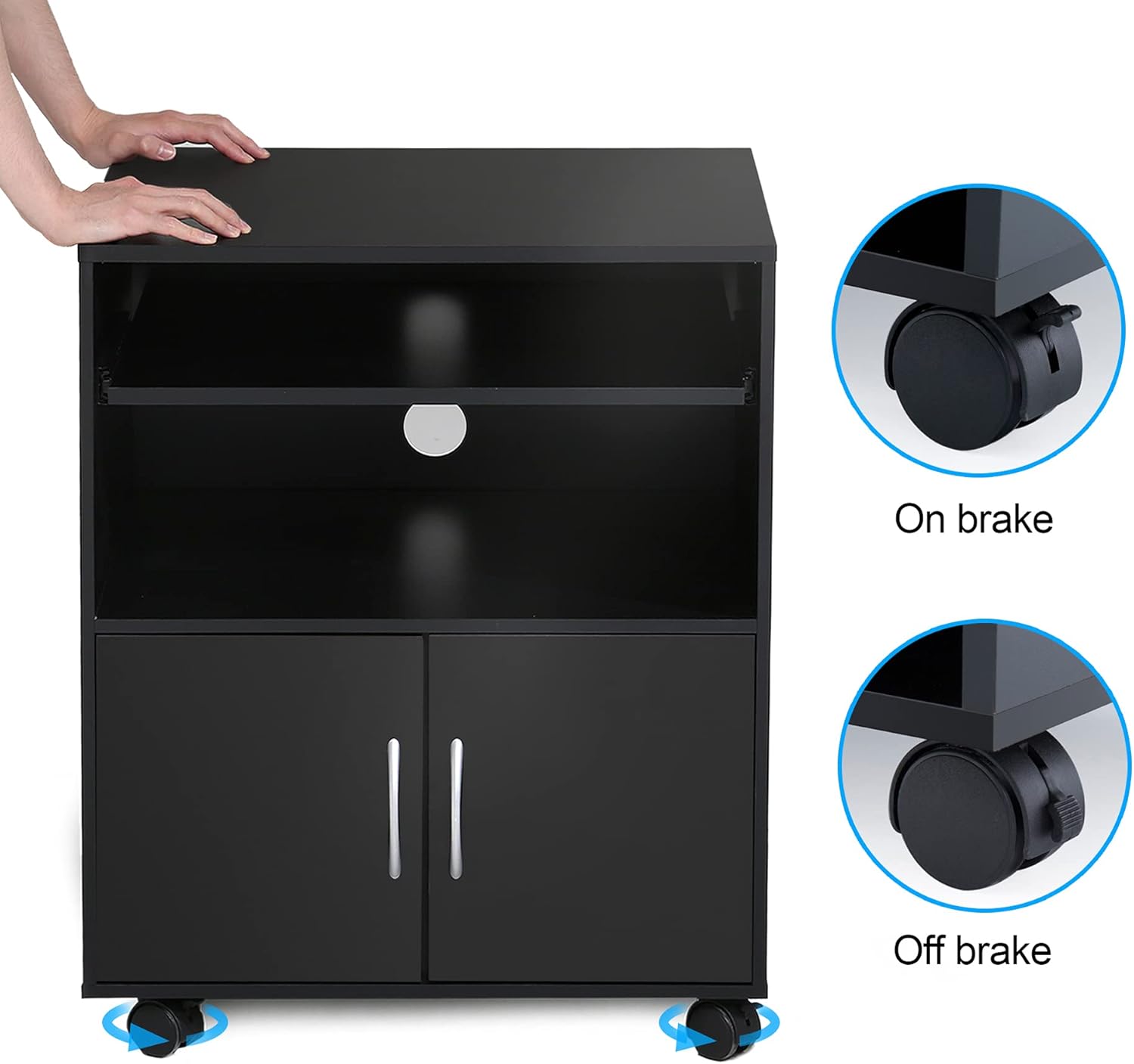 Black Mobile File Cabinet with Keyboard Tray and Doors on Wheels I783439