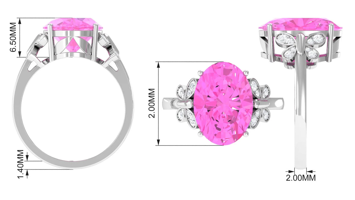 Oval Created Pink Sapphire Solitaire Ring with Diamond, 10X14 mm, 925 Sterling Silver, US 4.00 N695