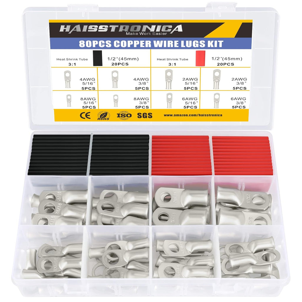 76PCS Tinned Copper Wire Lugs Kit with 3:1 Heat Shrink Tube Q2485