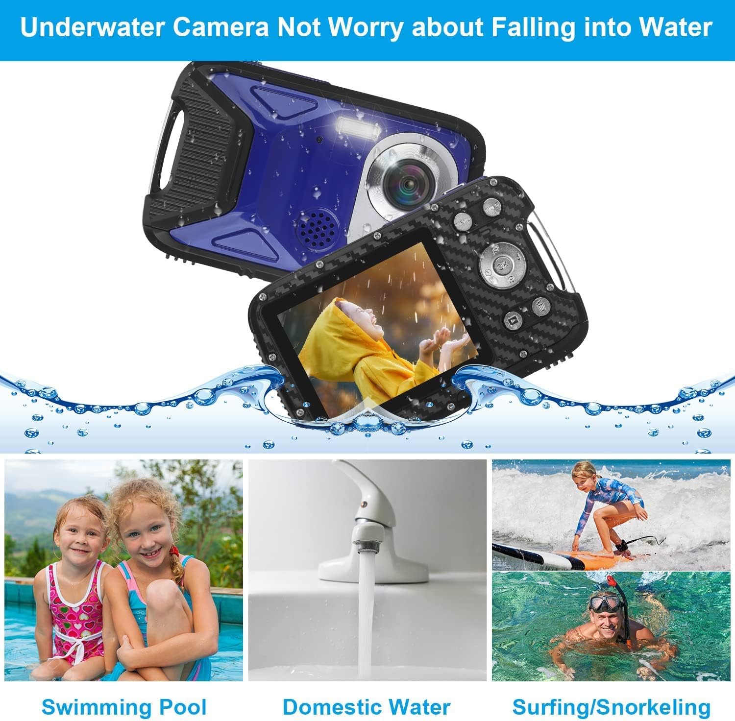 Waterproof Digital Camera 1080P 21MP HD Underwater Kids Camera with 2.8 LCD Screen 8X Digital Zoom Rechargeable Point and Shoot Camera A458