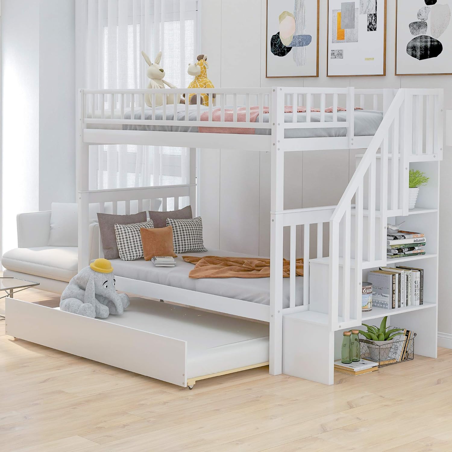 Twin Over Full Bunk Bed with 4 Storage and Staircase L8560