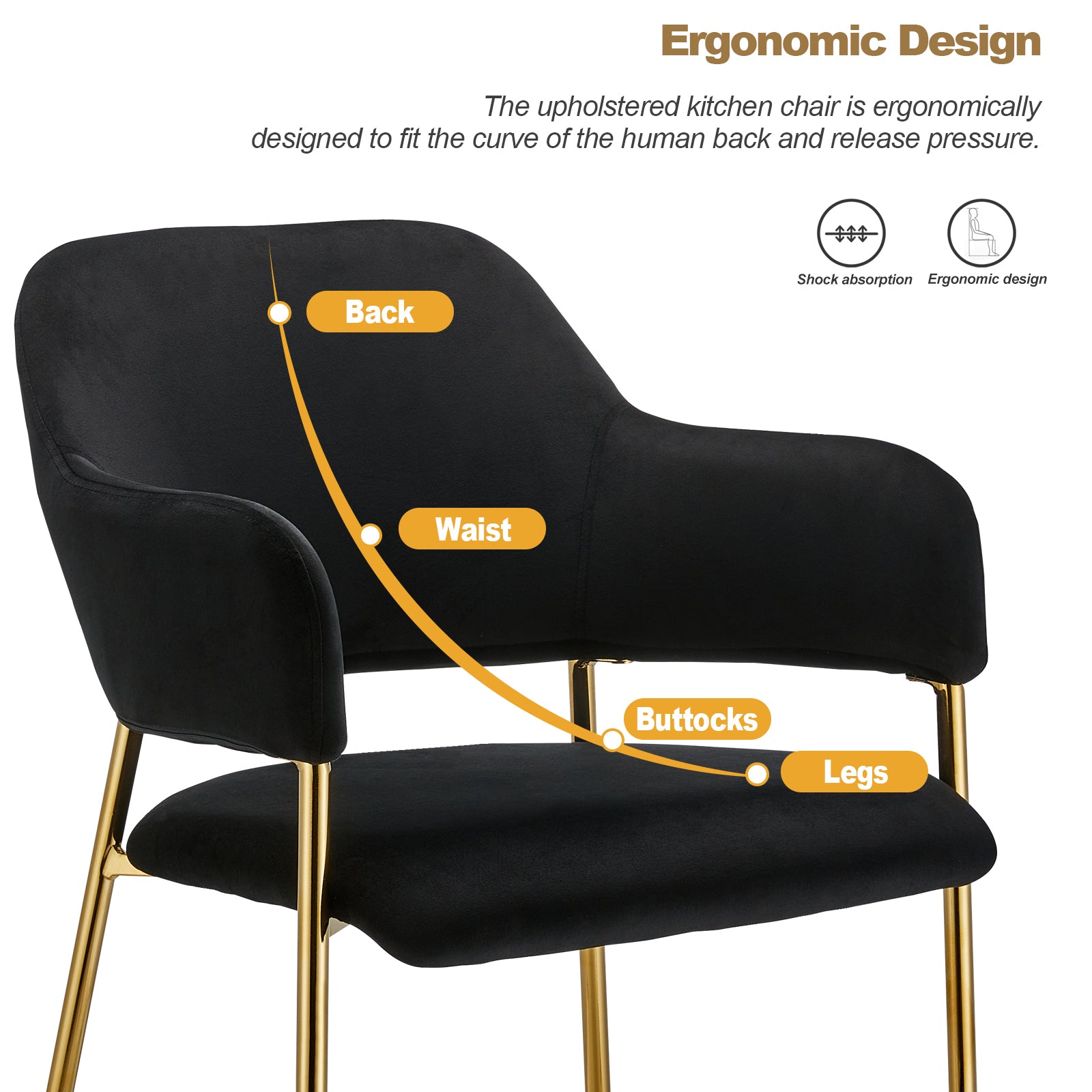 Black Velvet Dining Chairs Set of 2 with Armrest and Golden Chrome Legs S65711