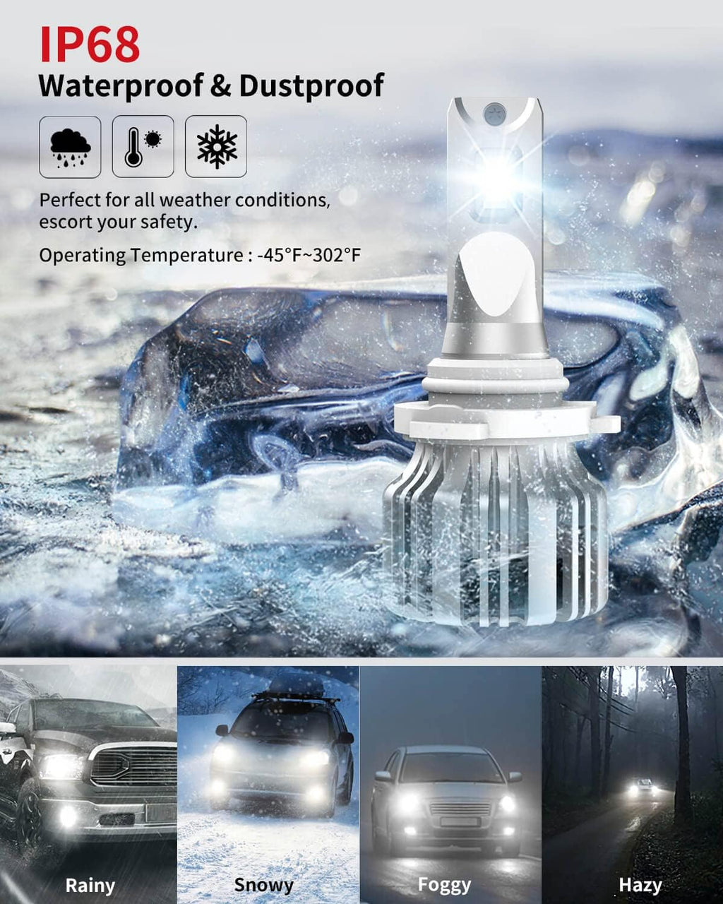 9005 9006 LED Bulbs Combo 10000 Lumens HB3 HB4 6000K Cool White Pack of 4 I68354
