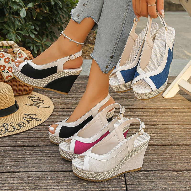 Platform Wedge Sandals with Peep-Toe and Buckle Strap