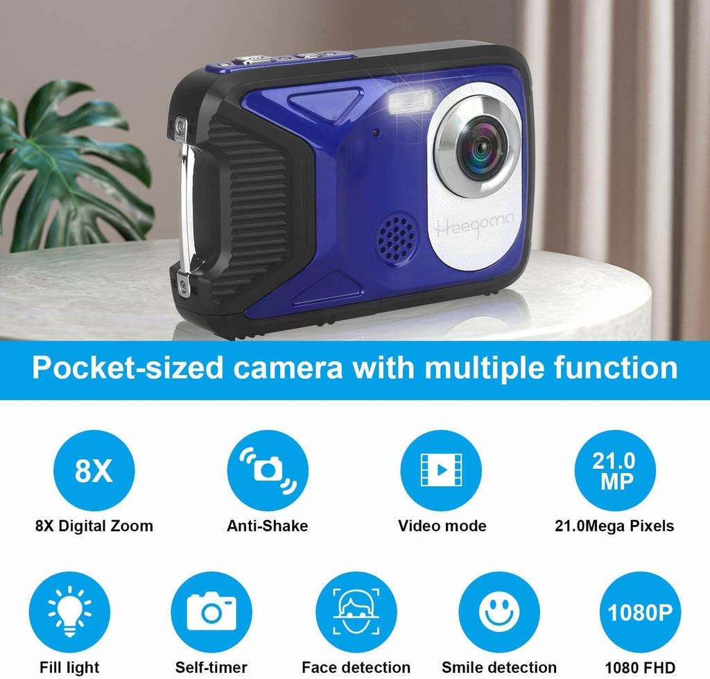 Waterproof Digital Camera 1080P 21MP HD Underwater Kids Camera with 2.8 LCD Screen 8X Digital Zoom Rechargeable Point and Shoot Camera A458