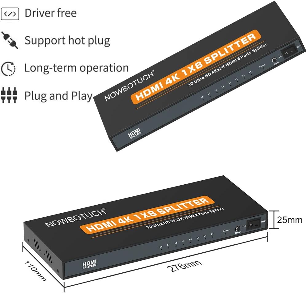 1x8 HDMI Splitter 8 Port 1 in 8 Out Powered Ver 1.4 Full HD 1080P 3D Support K11772