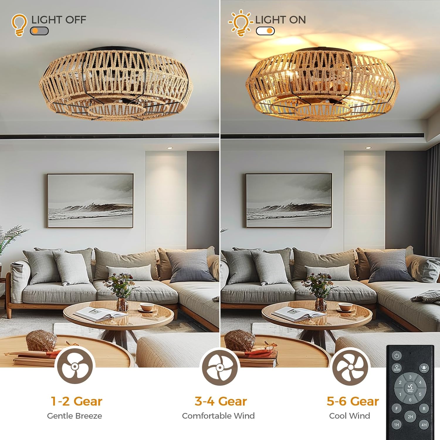 20 Inch Flush Mount Rattan Ceiling Fan with Light and Remote L351288