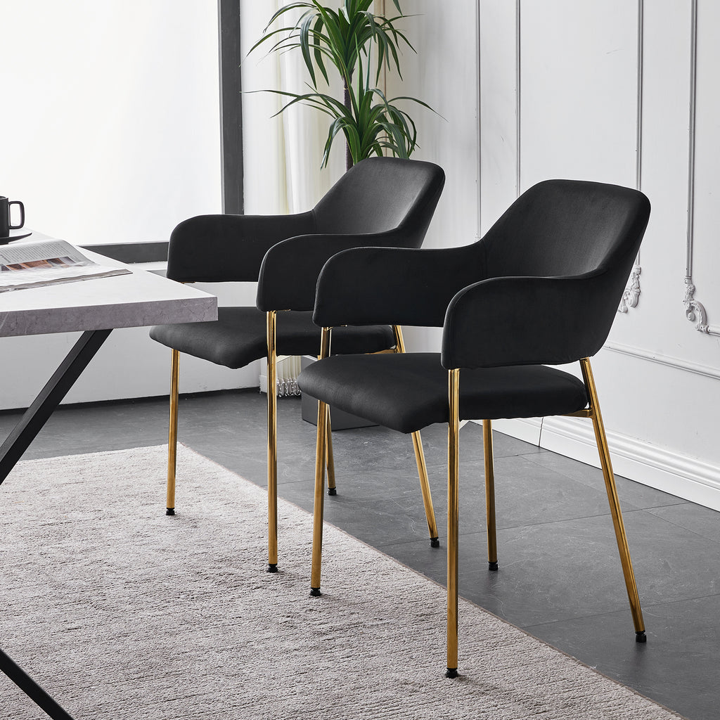 Black Velvet Dining Chairs Set of 2 with Armrest and Golden Chrome Legs S65711