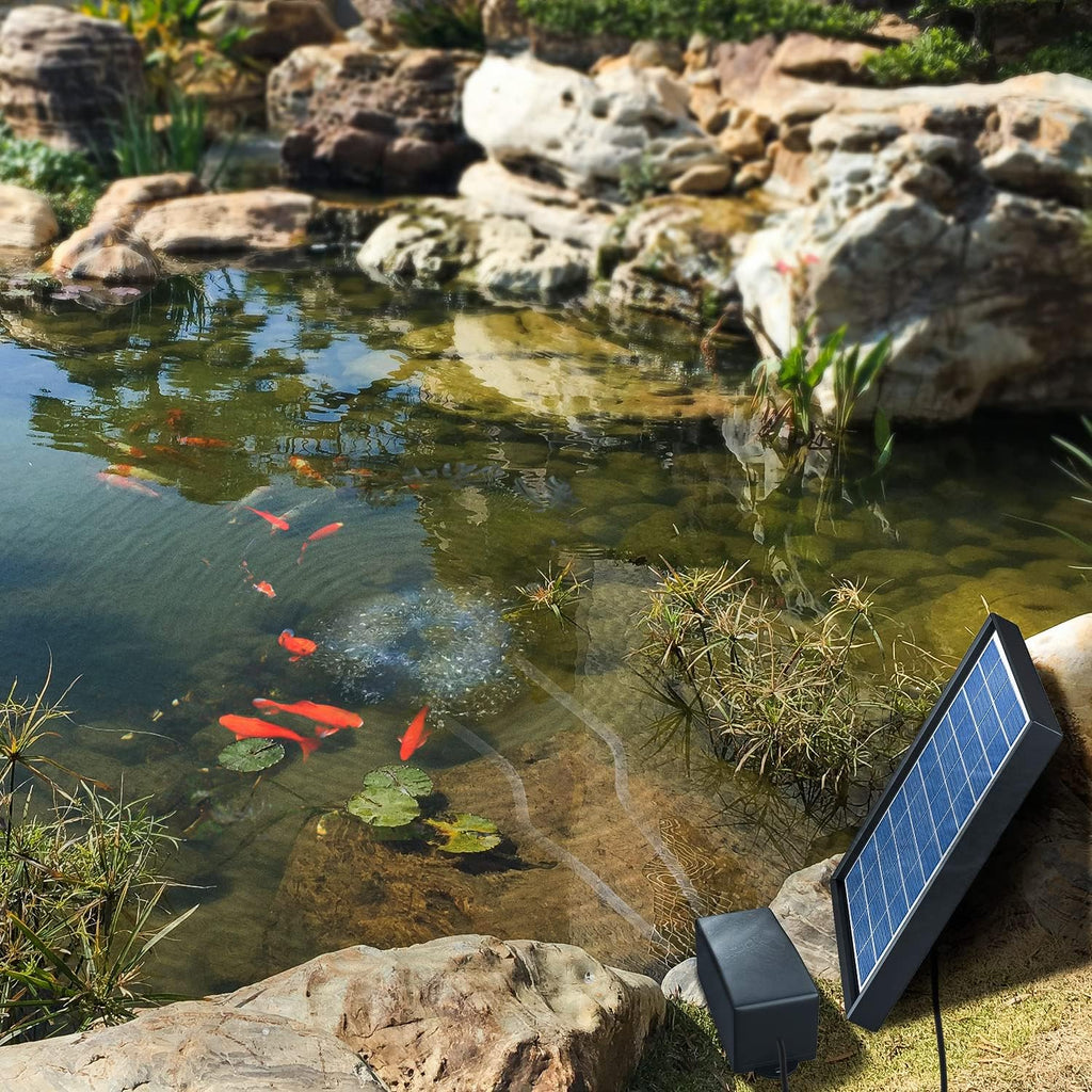 Solar Air Pump Aerator for Fish Pond, 6W, 10 ft Cable, 8.2 ft Hose, 13 GPH, 2 Bubble Stones, 7.1 x 11 in Solar Panel X75193