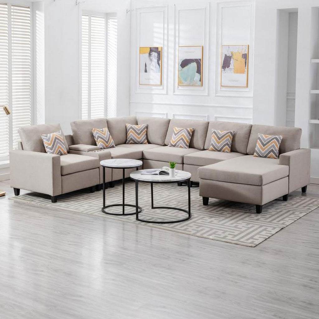 Beige Fabric Reversible Sectional with Charging Port and Storage Console O691571