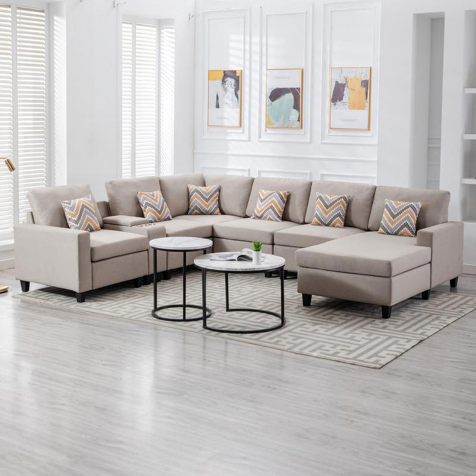 Beige Fabric Reversible Sectional with Charging Port and Storage Console O691571