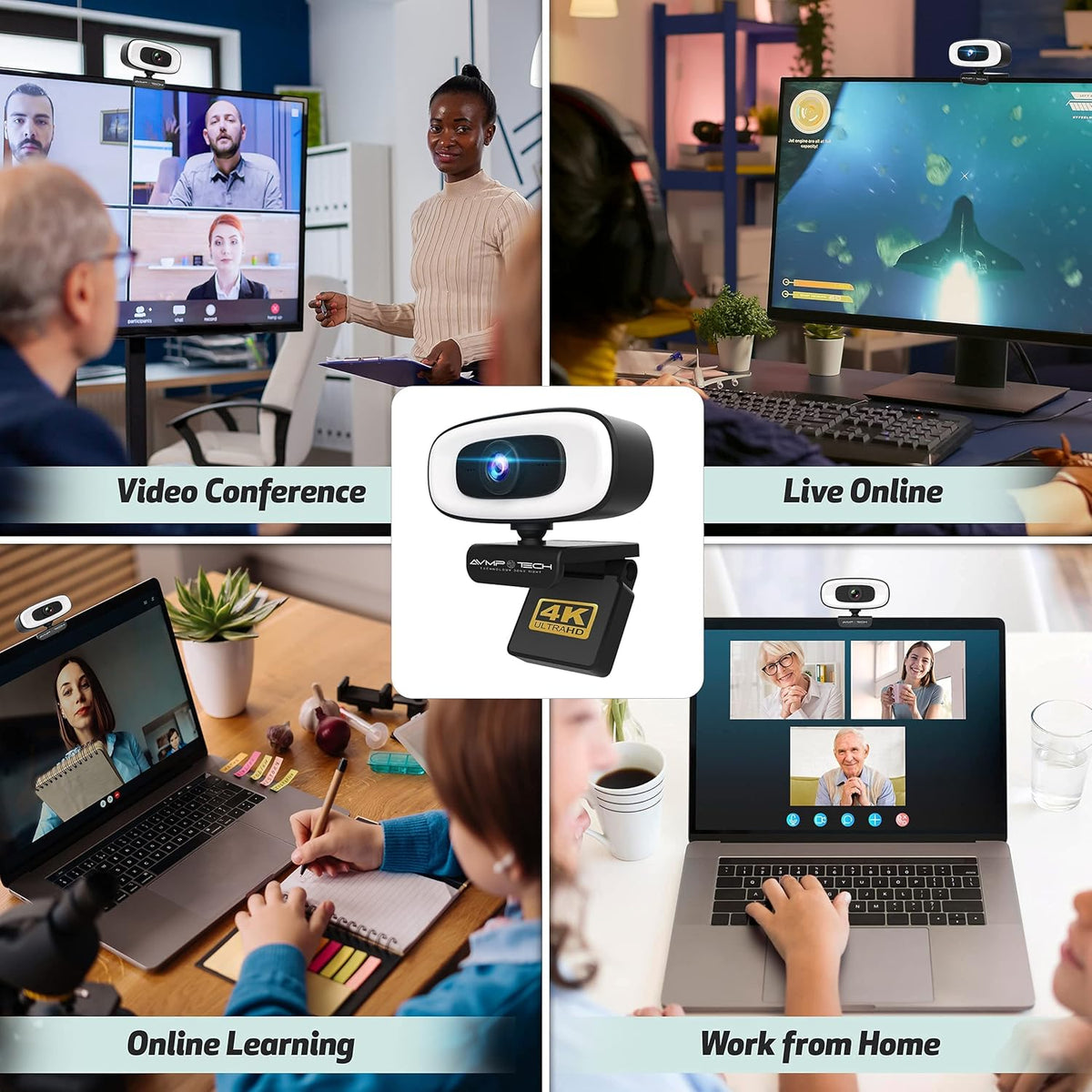 4K Webcam with Ring Light Ultra HD 8MP Autofocus USB Web Cam Stereo Microphone C334645