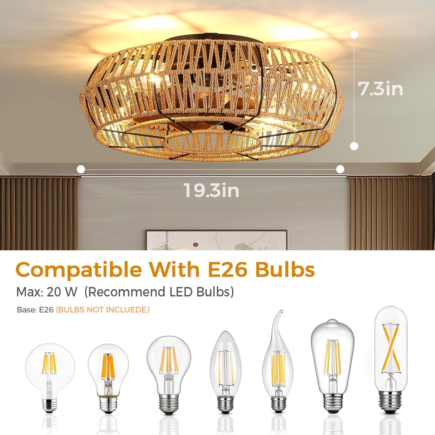 20 Inch Flush Mount Rattan Ceiling Fan with Light and Remote L351288