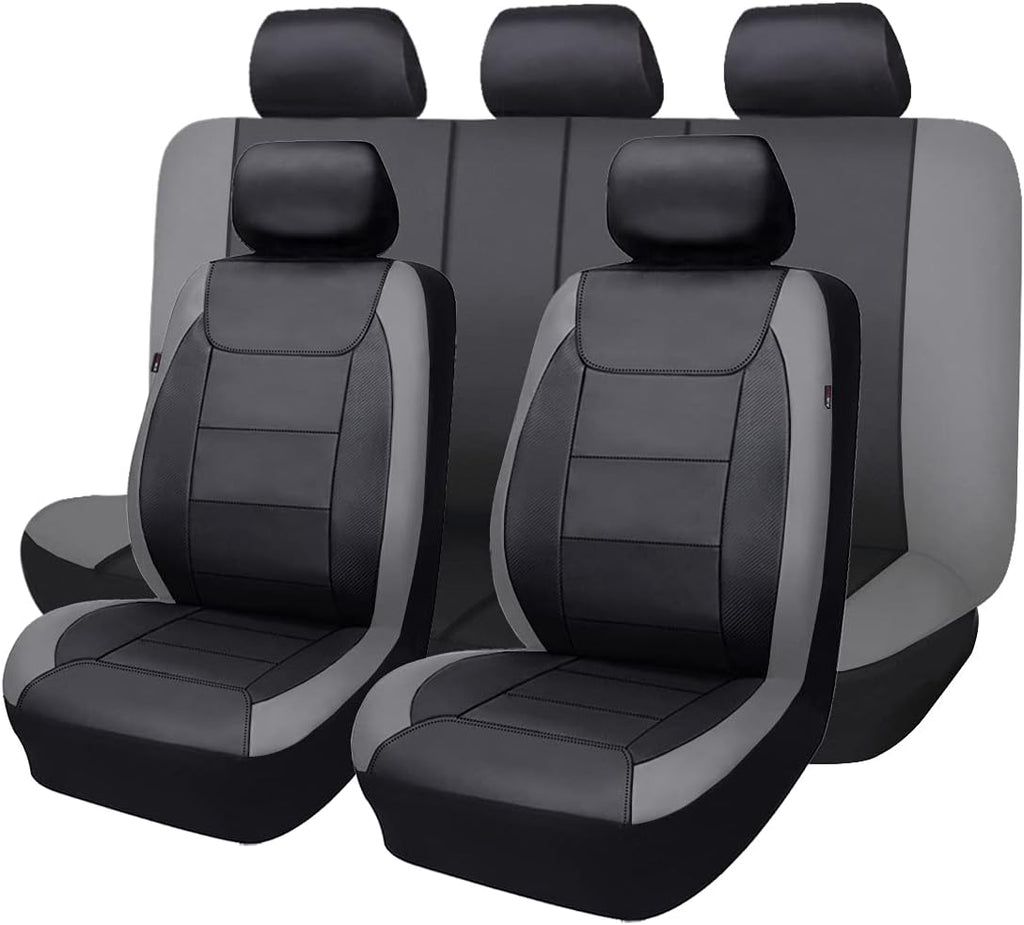 Gray Black Faux Leather Carbon Fiber Car Seat Covers Full Set Pack of 2 S842187