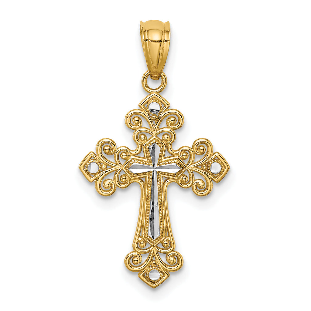 14K Two-Tone Gold Rhodium Plated Diamond Cut Cross Pendant With 14K Yellow Gold Rope Chain 20" J1287