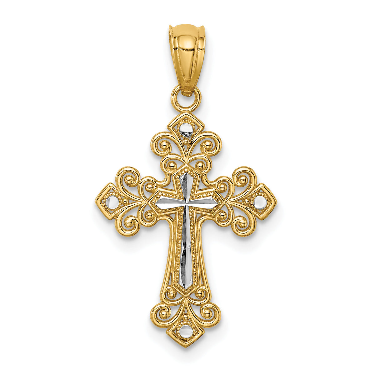 14K Two-Tone Gold Rhodium Plated Diamond Cut Cross Pendant With 14K Yellow Gold Rope Chain 20" J1287