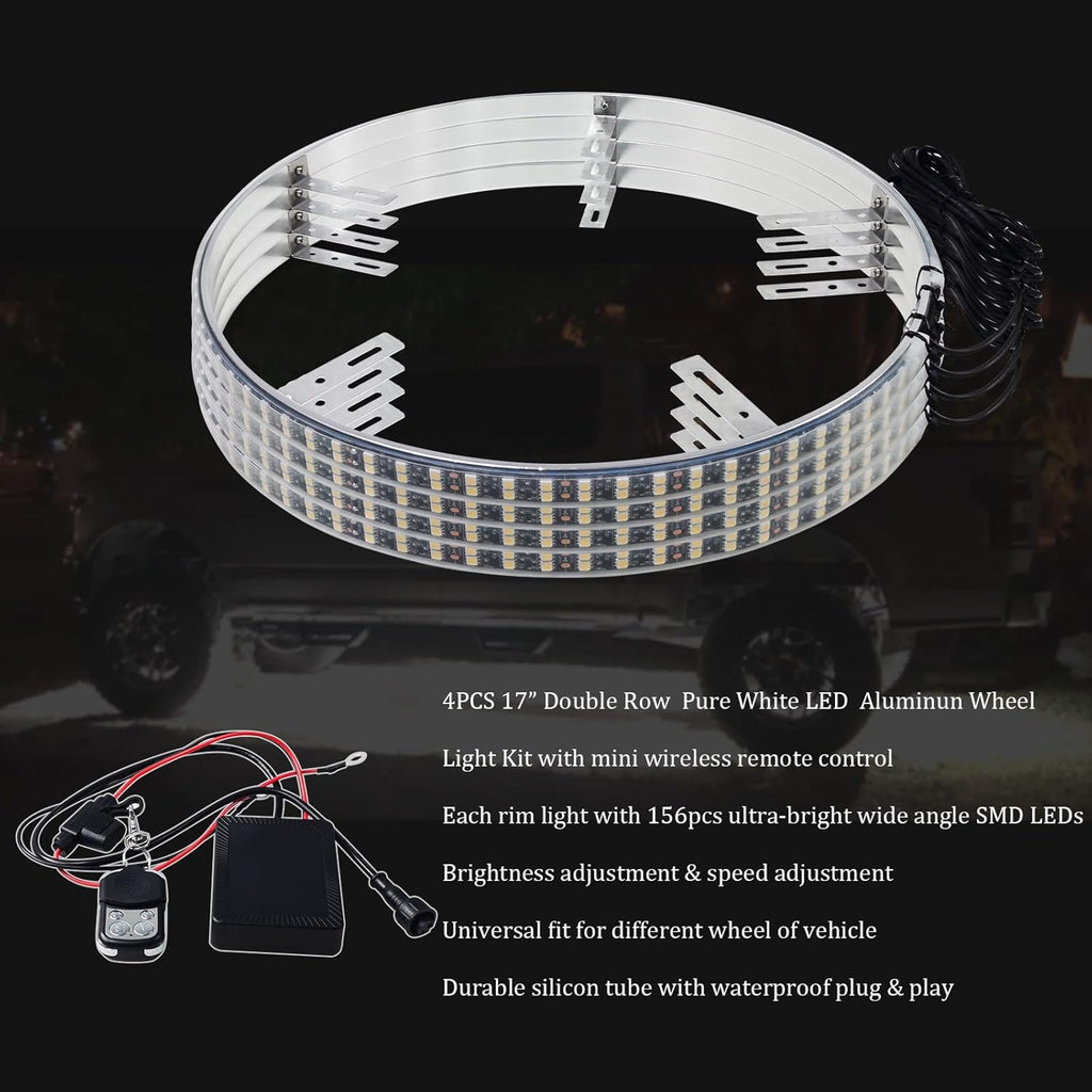 4PCS Pure White 17” Car Rim Lights Waterproof Tire Light Kit with Remote Control Q553828