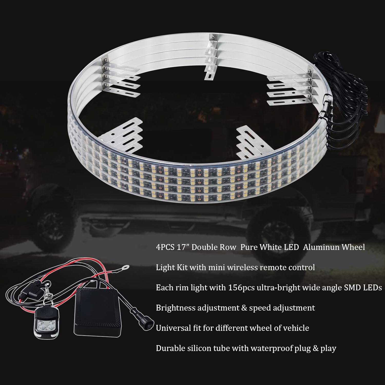 4PCS Pure White 17” Car Rim Lights Waterproof Tire Light Kit with Remote Control Q553828