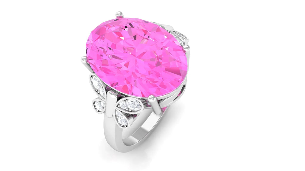 Oval Created Pink Sapphire Solitaire Ring with Diamond, 10X14 mm, 925 Sterling Silver, US 4.00 N695