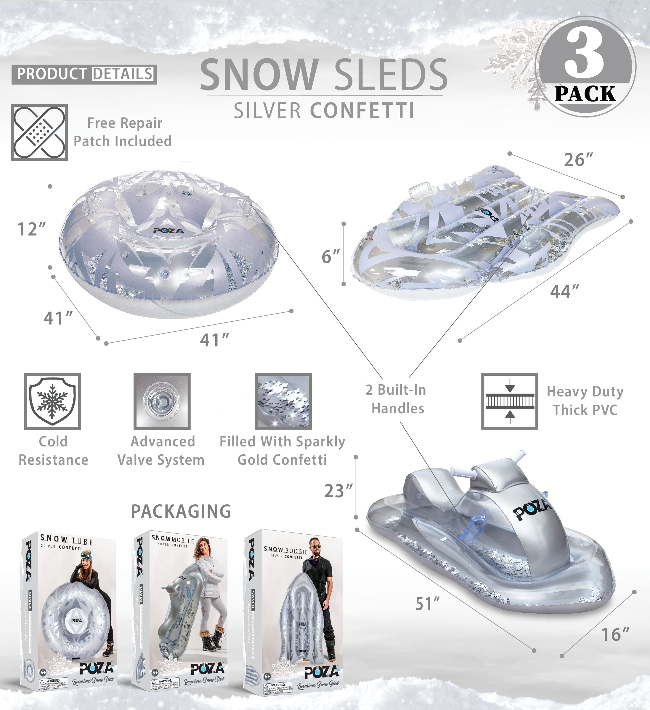 Silver Snow Tube Sled with Handles, 3 Piece M8126